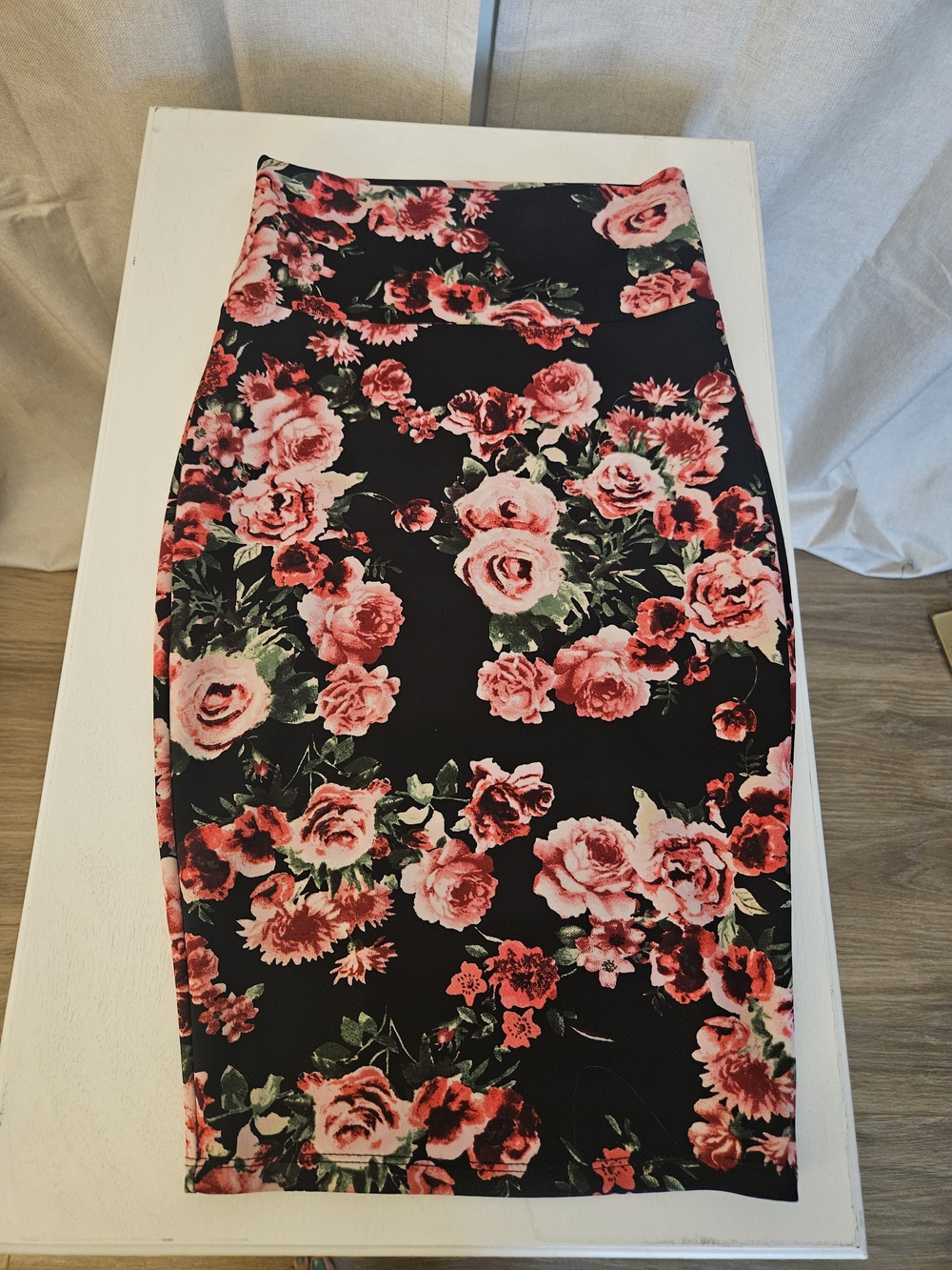 Black Pencil Skirt with Pink Rose Print